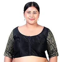 Studio Shringaar Women's Plus Size Brocade Elbow Length Sleeves Saree Blouse (Black, 48)