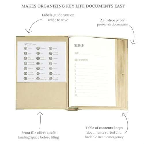 Image of Document Organizer: The Folio by Savor Expanding File Folder Hardcover Book of 10 Resealable Envelopes w / 26 Labels for Financial Planning Back to School Homework Household Organizer Keepsakes Gray