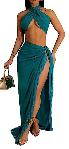Image of Womens Sexy 2 Pieces Tassel Crisscross Bandage Crop Tops Bodycon Split Skirts Party Clubwear Dress Outfits Set