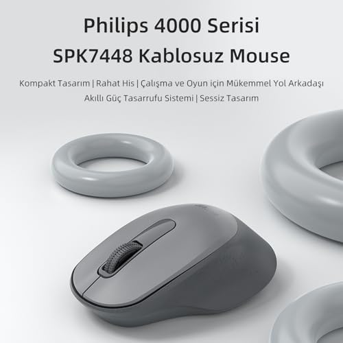 Philips SPK7448 Bluetooth 5.2 ve 2.4GHz 1600DPI Sessiz Optik Kablosuz Mouse (Gri) - Görsel 3