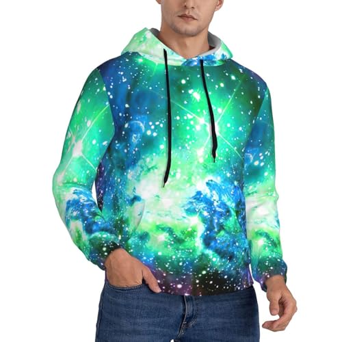 Green Blue Purple Galaxy Men'S Casual Sweatshirt Hoodie, Long Sleeve Hooded Pullover With Pocket And Drawstring