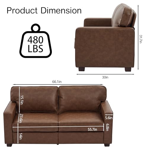 66" PU Faux Leather Couch, Mid-Century Modern Loveseat Sofa with Solid Wood Legs for Living Room, Bedroom, Office, Brown - Image 4