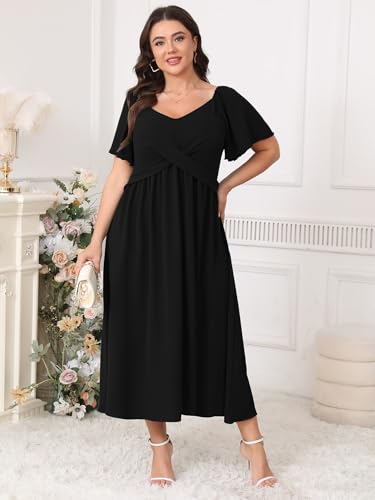 Image of SCOMCHIC Women Plus Size Midi Dresses Short Sleeve V Neck Twist Front Summer Wedding Guest Smocked Flowy A Line Dress