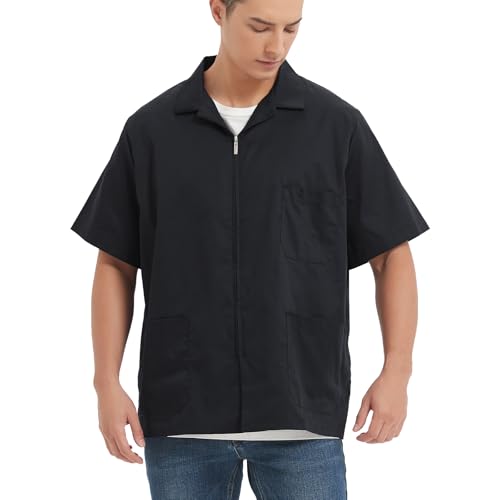 TopTie Unisex Zip Front Smock Short-Sleeve Zippered Work Shirt Utility Jacket4