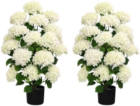 Set of 2 Artificial Hydrangea Trees:32 Inch Faux Flower Plant(Whi...