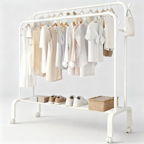 Image of Mevigo Heavy Duty Metal Clothing Rack with Storage Shelf | Freestanding Garment Organizer for Clothes, Shoes & Bags | Modern Wardrobe Rack for Bedroom, Entryway & Laundry Room (Matt White, 2- Rail)