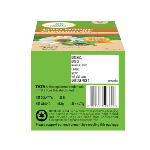 Image of A TATA Product - Organic India Tulsi Honey Chamomile Infusion - 25 Tea Bags, Certified Organic, Stress Relief, Calming, Promotes Sleep, Caffeine-Free