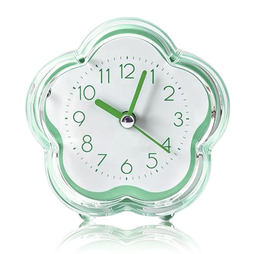 Image of Kukyller Super Silent Non Ticking Small Clock, Cute Alarm Clock Flower Shape Quiet Low Noise Transparent Small Alarm for Living Room Bedroom Bedside Desktop (green) 3.5x3.5x1.8in