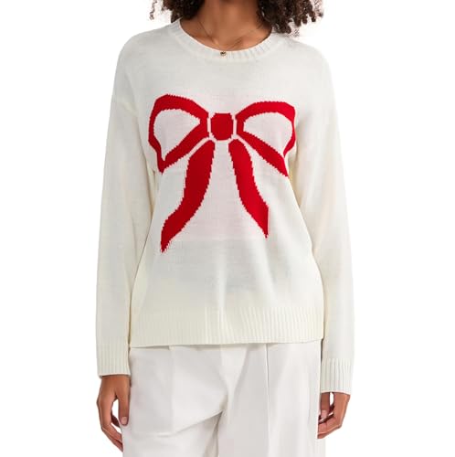 Image of Women Cute Bow Knit Sweater Y2k Long Sleeve Crew Neck Knitted Pullover Top Oversized Going Out Fall Winter Knitwear