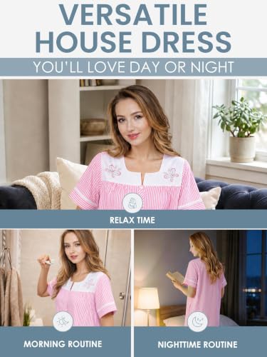 Image of Casual Nights Women's Snap - Front House Dress Short Sleeve Woven Housecoat Duster Lounger Robe with Pockets