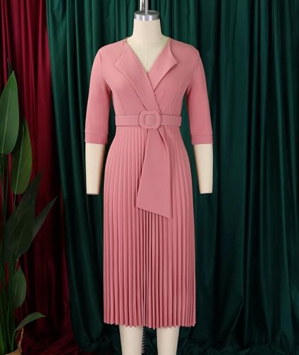 Image of SOMTHRON Women's Elegant 3 /4 Sleeve Blazer Dress V Neck Lapel Pleated Business Work Swing Midi Dress with Belt