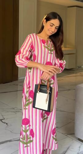 Image of LookMark Women Viscose Rayon Stripes with Floral Printed Stitched Kurta with Pant | Pink Color Kurta Set | Kurta with Pant Set for Woman | Printed Kurta Set