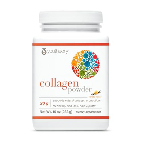 Youtheory Collagen Powder - Hydrolyzed Collagen Peptides with Vitamin C - Supports Healthy Bones Joints & Immune System* - Vanilla - 10 oz (12 Servings)