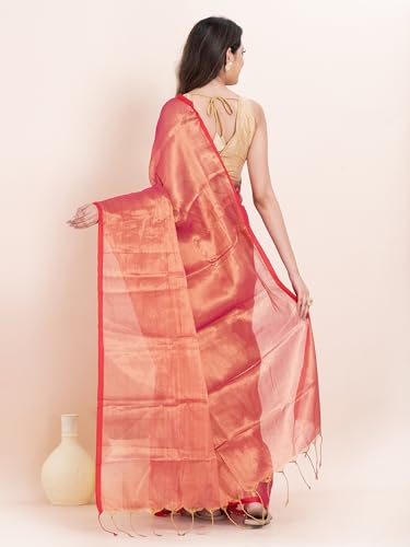 Image of Women's Tissue Cotton Saree | Plain Lightweight Tassel Pallu Saree with Blouse
