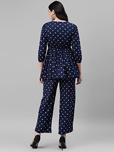 Image of DEEBACO Women's Polka Dots Rayon Flared Tunic & Pants Set for Women|V Neck Full Sleeves Top & Elastic Waist Pant Western Casual Wear Relaxed Fit Cord Set Outfit for Ladies (DBCOMR00000821 S Navy Blue)