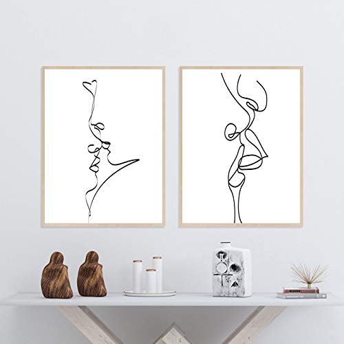 Idée cadeau Saint Valentin couple baiser abstrait affiche dessin au trait amour noir et blanc