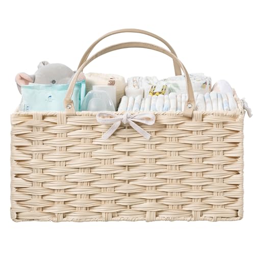 Image of HBlife Diaper Caddy Organizer, Washable Waterproof, Portable Plastic Wicker Woven Basket with Divider, Nursery Diaper Station, Baby Shower Gifts Basket & Car Organizer