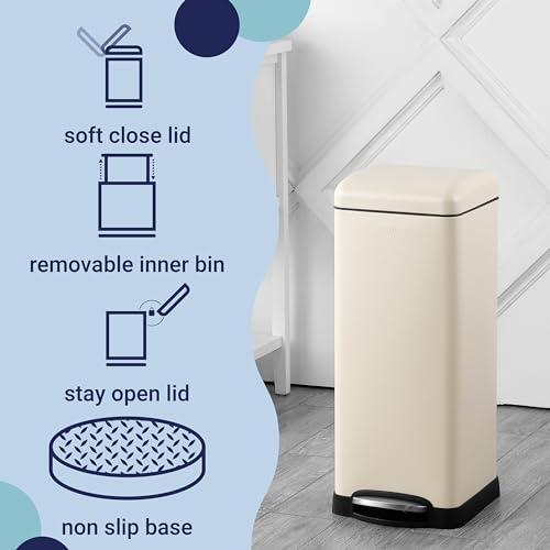 Image of happimess HPM1007F Betty Retro 8-Gallon Step-Open Trash Can with Soft-Close Lid, Fingerprint Resistant, Modern, Minimalistic for Home, Kitchen, Laundry Room, Office, Bedroom, Bathroom, Almond