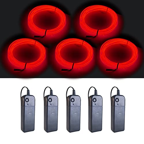 Image of MaxLax EL Wire Red 5-Pack, 9ft /2.75m Neon Light Wire with Noise Reduction and Battery Pack