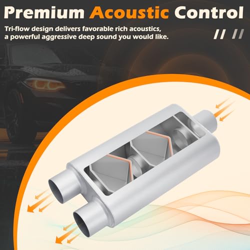 Image of A-KARCK Universal Exhaust Muffler 3 inch Center Inlet 3 inch Dual Outlet, 23 inch Overall Length Aluminized Steel Aggressive Sound Race Muffler for Cars, Trucks