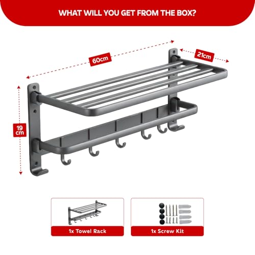 Image of MIORAH 24 Inch Powder - Coated Aluminium Towel Rack with Hooks - Rust - Free, Space - Saving Bathroom No Drill Self Adhesive Towel Rack Easy Installation Grey