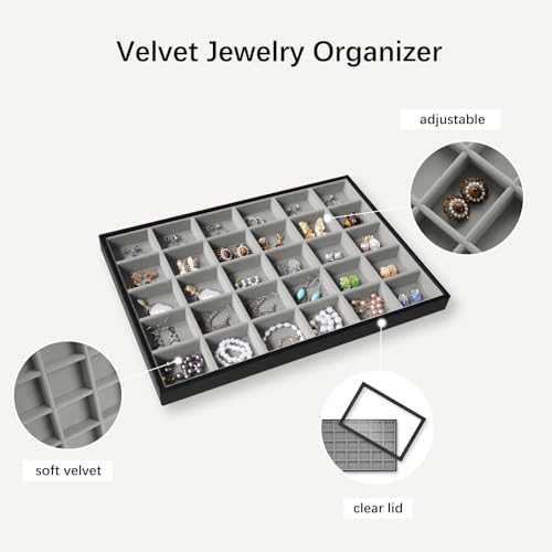 Image of Wudygirl Jewelry Organizer 30 Grid Jewelry Tray with Lid Earring Holder Organizer for Women Ring Earring Bracelet Holder Storage (Pu Black Gray)