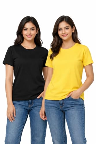 Image of Hangout Hub HH95 Tshirt for Womens | Regular Fit | Super Combed Cotton Women T-Shirt | Solid Plain Tees | Round Neck T Shirt | Half | Pack of 2 | 3 | 4 | 5 | 6