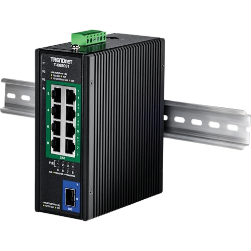 Image of TRENDnet 9-Port Industrial 2.5G DIN-Rail PoE++ Switch with 10G SFP+ Port, TI-BG5091, Multi-Gigabit, 8 x 2.G PoE++ Ports, 1 x 10G SFP+ Port, 480W PoE Power Budget, 60Gbps, Lifetime Protection, Black
