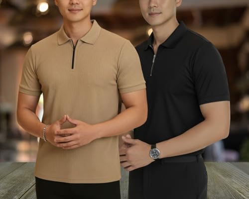 Image of MACK JONNEY Men's Cotton Self Design Polo T-Shirts | Front Half Zipper | Pack of 2 | Multicolour