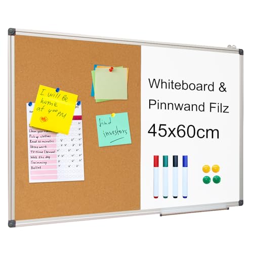 XIWODE Whiteboard Magnetisch & Pinnwand Kork - 2in1 Kombitafel: Magnettafel 60x45 cm, Weiße...