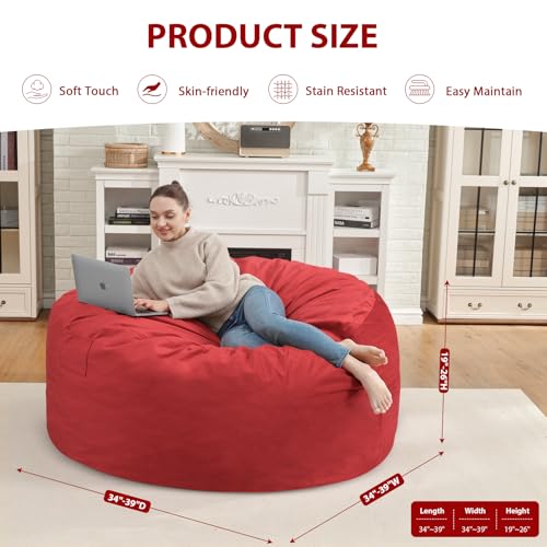 3FT Bean Bag Chair, Comfy Bean Bag Chairs with Memory Foam Filled, Fluffy Beanbag Sofa with Dutch Velvet Cover, Round BeanBag Chairs for Living Room, Playroom - Red