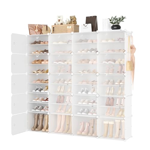 Image of Portable Shoe Rack Organizer with Door, 80 Pairs Shoe Storage Cabinet Easy Assembly, Plastic Adjustable Shoe Storage Organizer Stackable Detachable Free Standing DIY Expandable 10 Tier White