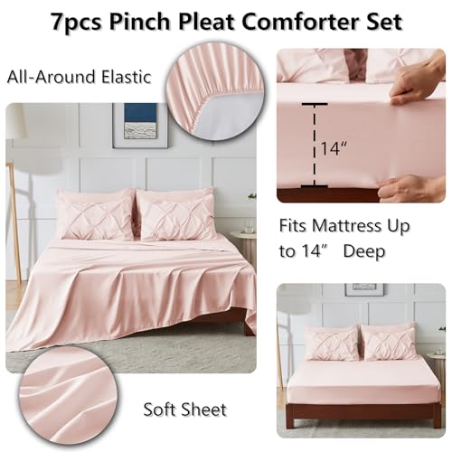 CozyLux King Size Comforter Set Blush Pink, 7 Pieces Pintuck Bed in A Bag Pink Comforter King Size, Pinch Pleat Bedding Set with All Season Comforter, Sheets, Pillowcases & Shams