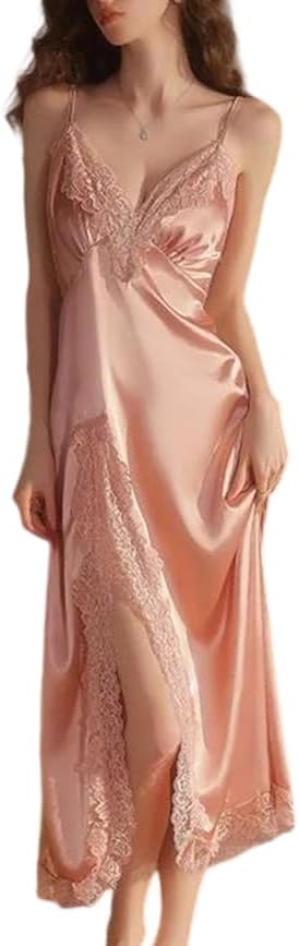 Womens Lace Deep V Nightgown Backless Cross Front Satin Sleep Dress Lightweight Lounge Wear