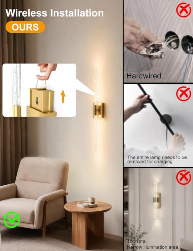 Image of Crystal Bubble Battery Operated Wall Sconces Set of 2: 10000mAh Gold Rechargeable Wall Light, 360 Rotate 4CCT Dimmable Modern Wireless Wall Lamp Decor for Hallway Bathroom Bedroom Living Room Mirror