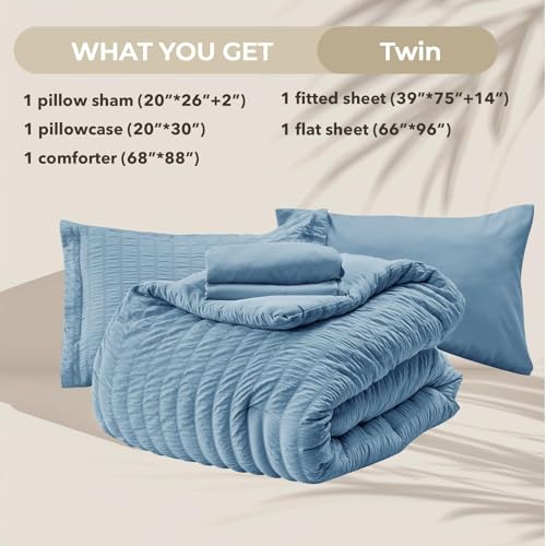 Image of HYMOKEGE Mineral Blue Twin Comforter Set Seersucker 5 Pieces, All Season Luxury Bed in a Bag for Bedroom, Bedding Set with Comforter, Sheets, Pillowcase & Sham