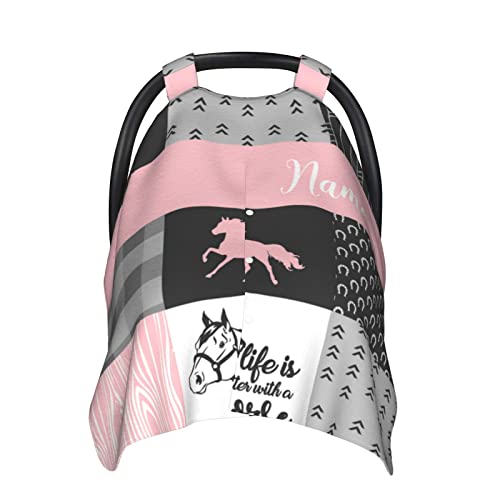 Personalized Baby Car Seat Canopy for Babies with Name, Custom Name Car Seat Covers for Girls, Opening Minky Nursing Breastfeeding Stroller Cover Infant Carseat Canopies for Newborn (Horse Pink)