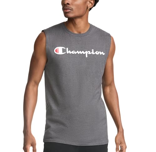 Champion Men's Classic Jersey Muscle Tee, Screen Print Script, Granite Heather, Large