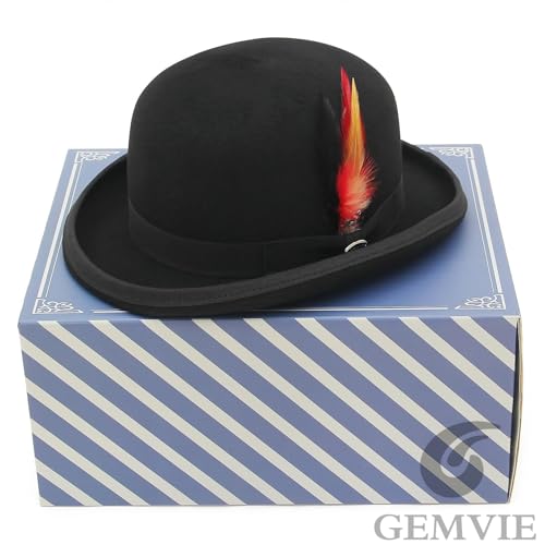 Image of GEMVIE Men's Bowler Derby Hat 100% Wool Bowler Hats for Men with Feather Black Derby Hat Satin Lined