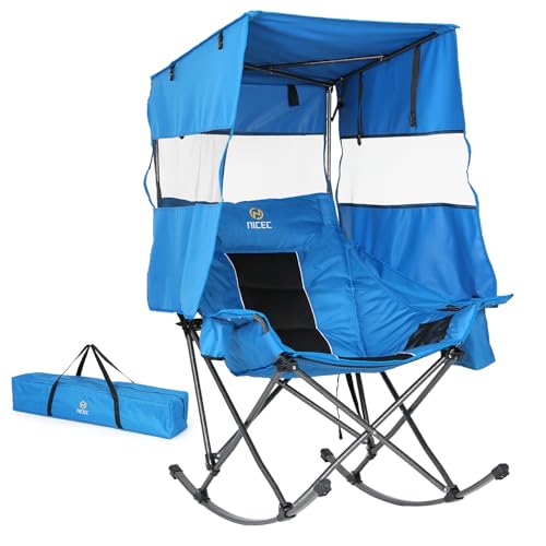 Nice C Rocking Camping Chair with Canopy XL Oversized Folding Rocker for Adult Outdoor Umbrella Chair with Shade Cup Holder Cooler Bag Carry Bag for Sports Patio Backyard (1 Pack Blue)