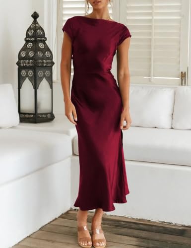 Women's Summer Satin Elegance Backless Twist Cap Sleeves Midi Dress 2025 Sexy Cowl Neck Slit Cocktail Wedding Guest Dresses3