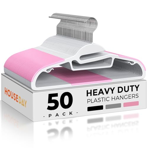 Image of HOUSE DAY Pink Plastic Hangers 50 Pack, Slim Space Saving, Non Slip Hangers with Rubber Pads, Sturdy Coat Hanger for Closet, S-Shaped Clothes Hanger for Shirt, Suit, Pant, Skirt | Space saving closet organizer, heavy duty S-shape, rubber grip pads help keep shirts, suits, coats, pants, skirts in place