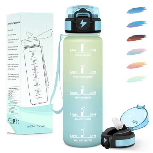 Motswedi Gourde 1l, avec Paille, Gourde Sport, Anti-Fuite, Bouteille, Réutilisable, Bouteille d'eau, avec Marqueur de Temps, pour Fitness, Yoga, Sport, Camping, Gym, Travail, Blanc Cassé-Bleu Clair