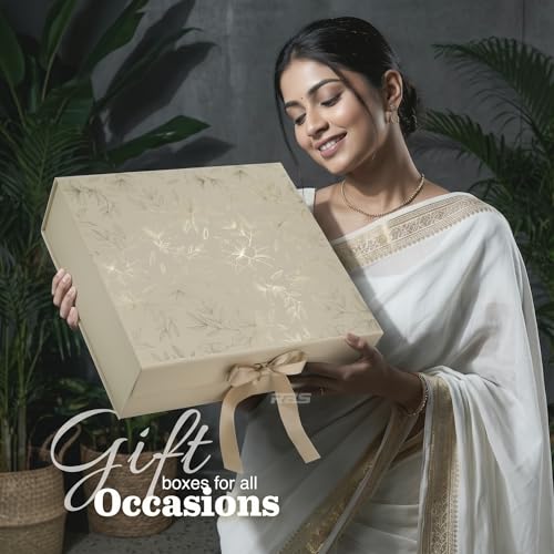 Image of RBS - LARGE Gift Box (34 x 33 x 10cm) Gift Box for Packaging (1 Pack) Hamper Box for Gift Holds Upto 10 kg Gift Packing Box Gift Boxes for Gifting Hamper Box (L - Beige Gold Floral)