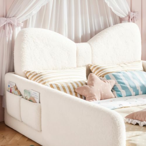 Image of Full Size Kids Bed with Bow-Shaped Headboard, Upholstered Teddy Fabric Twin Daybed with Slats Support & Side Pockets, Space-Saving Wooden Corner Sofa Couch Bed Frame for Girls, Boys, Teenager(Beige)
