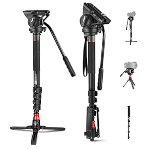 NEEWER Professional Camera Monopod with Feet, 70.5″/179cm Telescopic Portable Aluminum Travel Monopod with Pan Tilt Fluid Head and Removable Tripod Base for DSLR Camera Camcorder, Max Load 13.2lb/6Kg