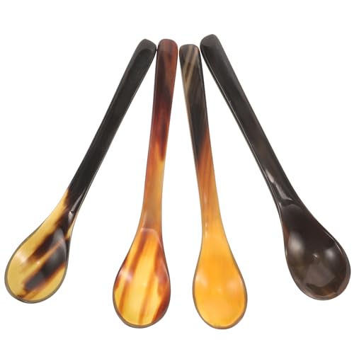 Gadpiparty 4 Cucharas de Postre para Mezclar Líquidos de Cuerno de Buey Natural Mango Largo y Fácil Recogida Color Aleatorio para Café y en Cocina