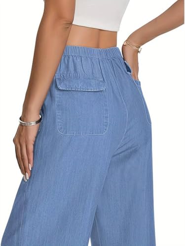 Image of TOPLOT Woman's Wide Leg Drawstring Trousers with Elastic Waist | Relaxed Fit Casual Pants with Pockets | Comfortable Everyday Wear for Travel and Office Wear (5251)