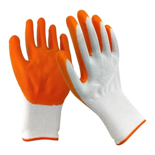 Image of Orange White Nitrile Palm Coated Safety Hand Gloves - Lightweight, Durable, Enhanced Grip, Breathable for Industrial & Construction Use - (Pack of 7 Pairs)