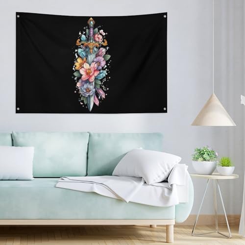 Bandera de jardín con espada y flores decoración exterior para patios 4